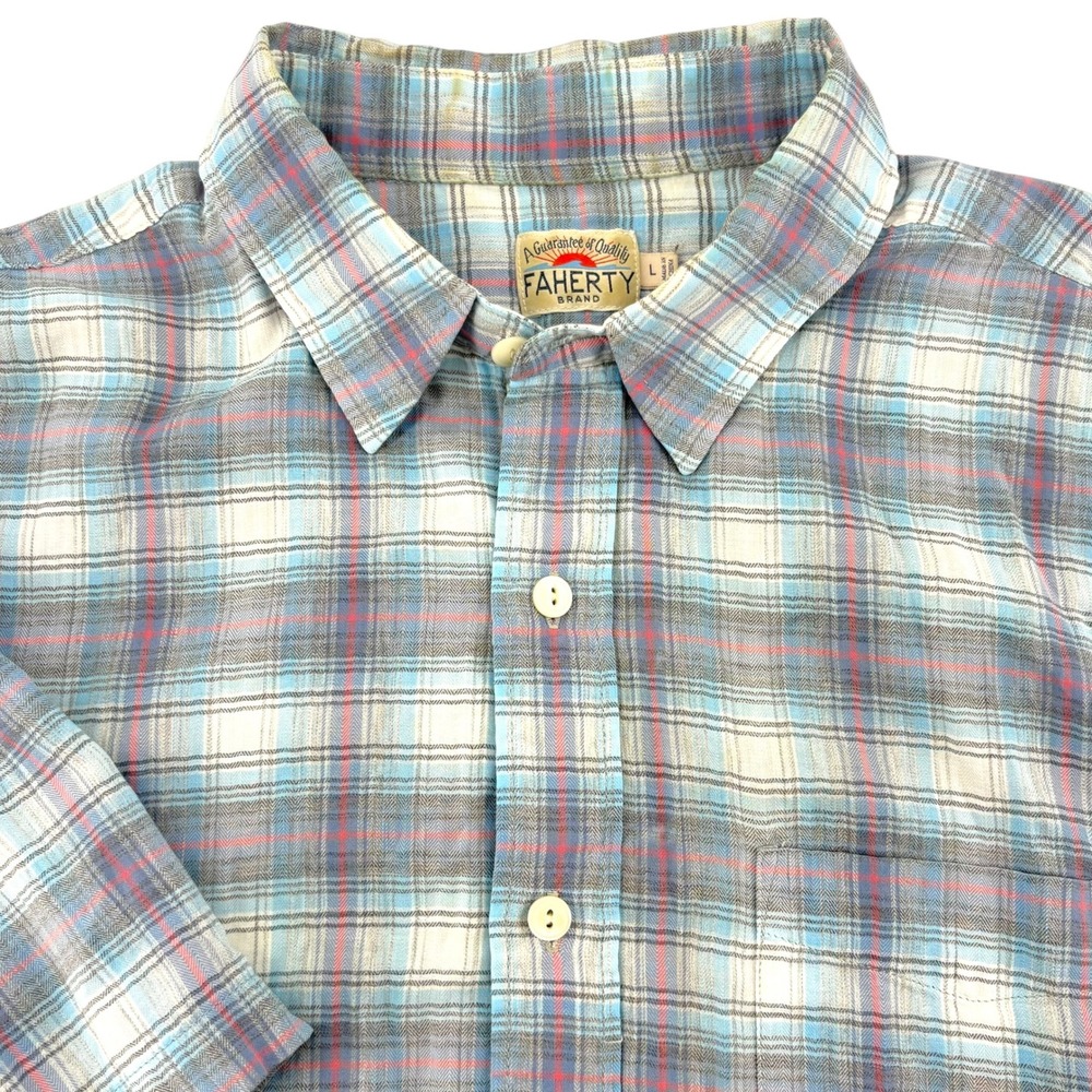 Faherty Brand Mens Large Short Sleeve Plaid Button Down Shirt Blue Herringbone